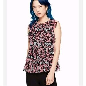 Kate Spade New York Tapestry Chiffon Sleeveless Ruffle Top Size XS